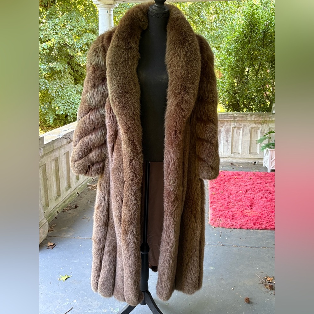 Luxurious Taupe Brown Full-Length Saga Fox Fur Coat - Women’s Classic Outerwear